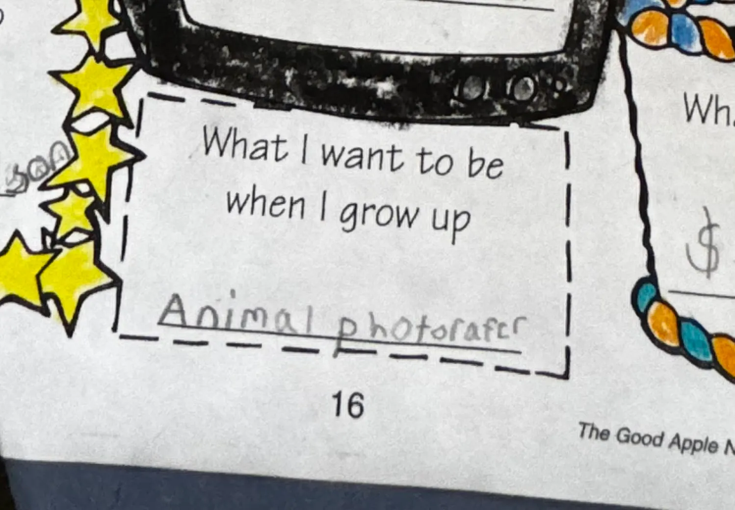 Second-grade worksheet where I wrote 'animal photorafer'