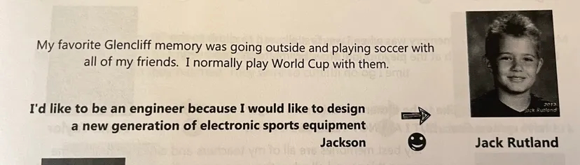 Fifth-grade yearbook entry where I wrote that I wanted to design a new generation of electronic sports equipment